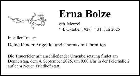 Traueranzeige von Erna Bolze von Norddeutsche Neueste Nachrichten