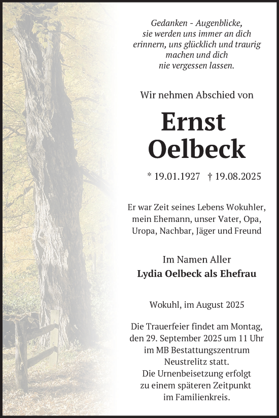 Traueranzeige von Ernst Oelbeck von Nordkurier Strelitzer Zeitung