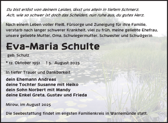 Traueranzeige von Eva-Maria Schulte von Nordkurier Strelitzer Zeitung