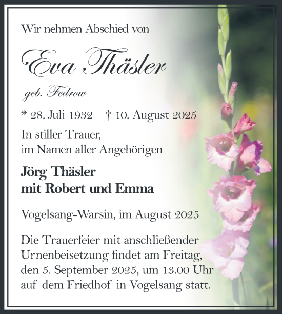 Traueranzeige von Eva Thäsler von Nordkurier Haff-Zeitung