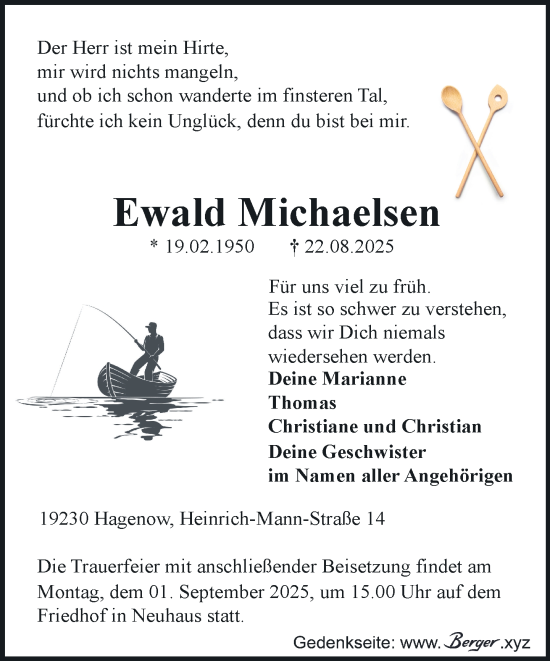 Traueranzeige von Ewald Michaelsen von Hagenower Kreisblatt
