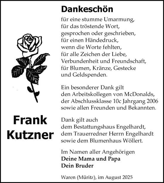 Traueranzeige von Frank Kutzner von Nordkurier Müritz-Zeitung