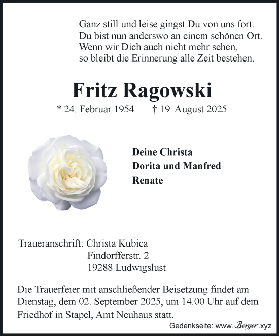 Traueranzeige von Fritz Ragowski von Hagenower Kreisblatt