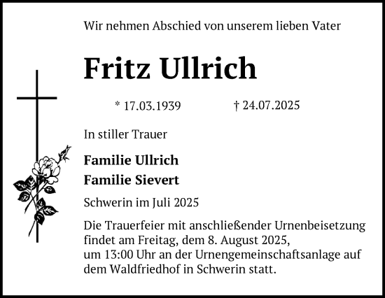 Traueranzeige von Fritz Ullrich von Zeitung für die Landeshauptstadt