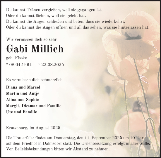 Traueranzeige von Gabi Millich von Nordkurier Strelitzer Zeitung