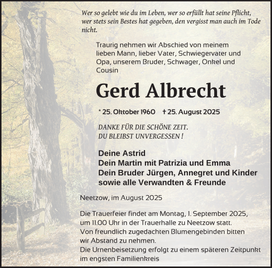 Traueranzeige von Gerd Albrecht von Nordkurier Vorpommern Kurier