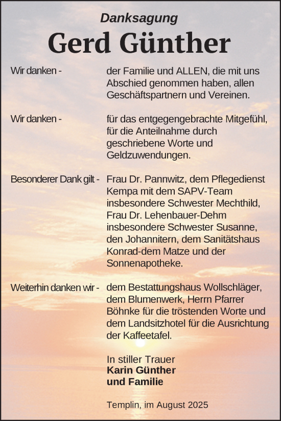 Traueranzeige von Gerd Günther von Uckermark Kurier Prenzlauer Zeitung