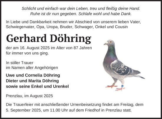 Traueranzeige von Gerhard Döhring von Uckermark Kurier Prenzlauer Zeitung