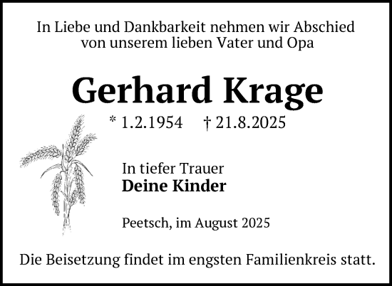 Traueranzeige von Gerhard Krage von Nordkurier Strelitzer Zeitung