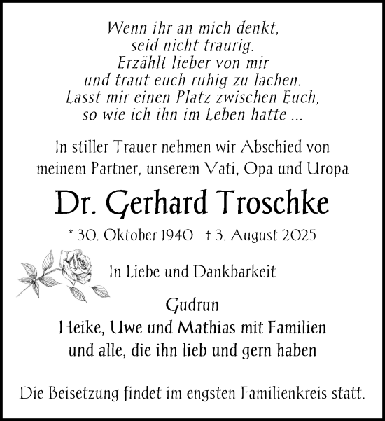 Traueranzeige von Gerhard Troschke von Zeitung für die Landeshauptstadt