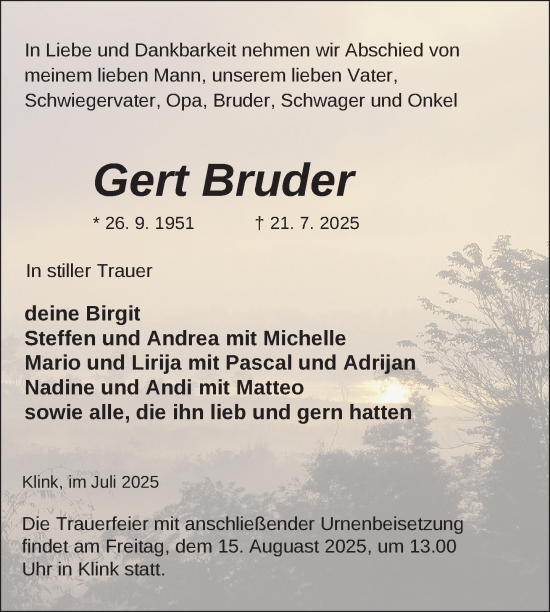 Traueranzeige von Gert Bruder von Nordkurier Müritz-Zeitung