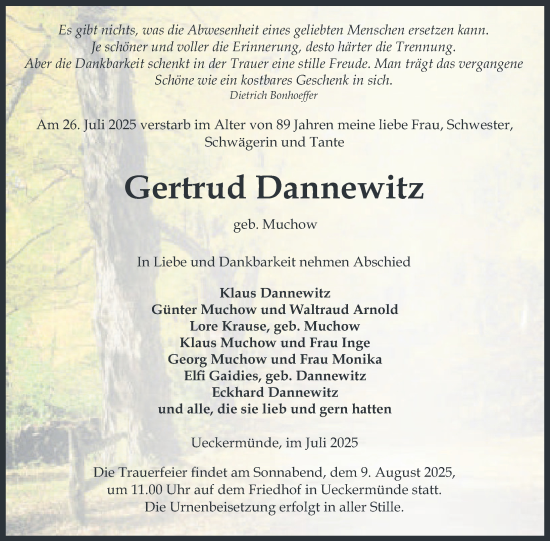 Traueranzeige von Gertrud Dannewitz von Nordkurier Haff-Zeitung