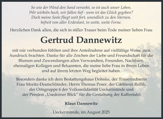 Traueranzeige von Gertrud Dannewitz von Nordkurier Haff-Zeitung