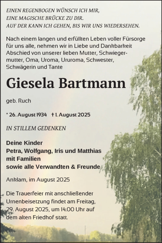 Traueranzeige von Giesela Bartmann von Nordkurier Vorpommern Kurier