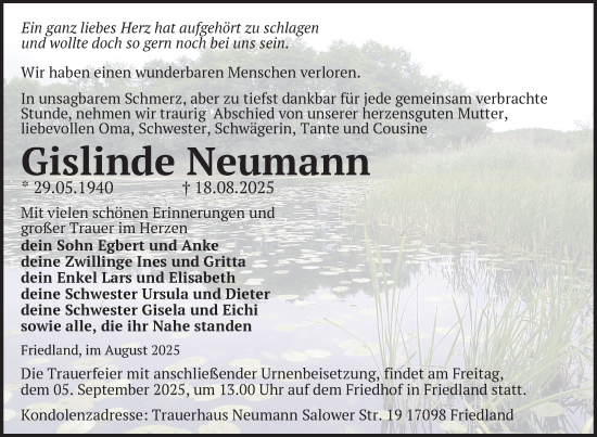 Traueranzeige von Gislinde Neumann von Nordkurier Neubrandenburger Zeitung