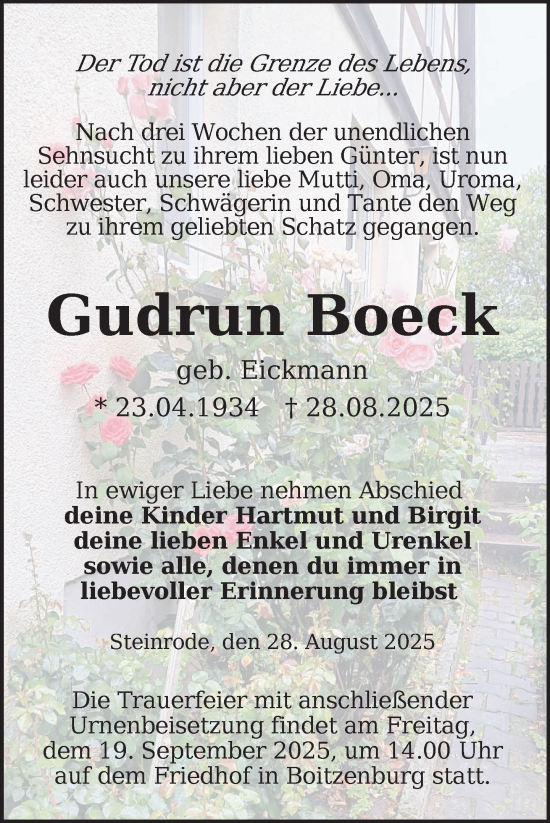 Traueranzeige von Gudrun Boeck von Uckermark Kurier Templiner Zeitung