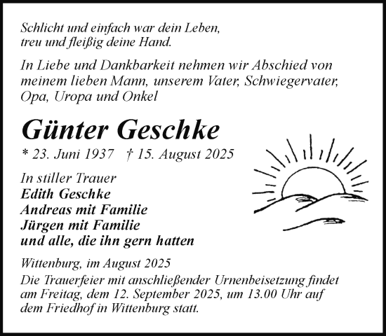 Traueranzeige von Günter Geschke von Hagenower Kreisblatt