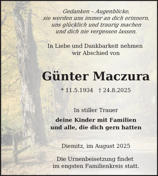 Traueranzeige von Günter Maczura von Nordkurier Strelitzer Zeitung