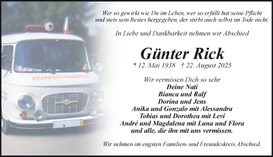Traueranzeige von Günter Rick von Hagenower Kreisblatt