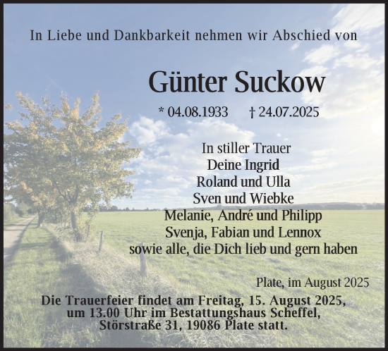 Traueranzeige von Günter Suckow von Zeitung für die Landeshauptstadt