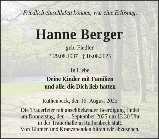 Traueranzeige von Hanne Berger von Zeitung für die Landeshauptstadt