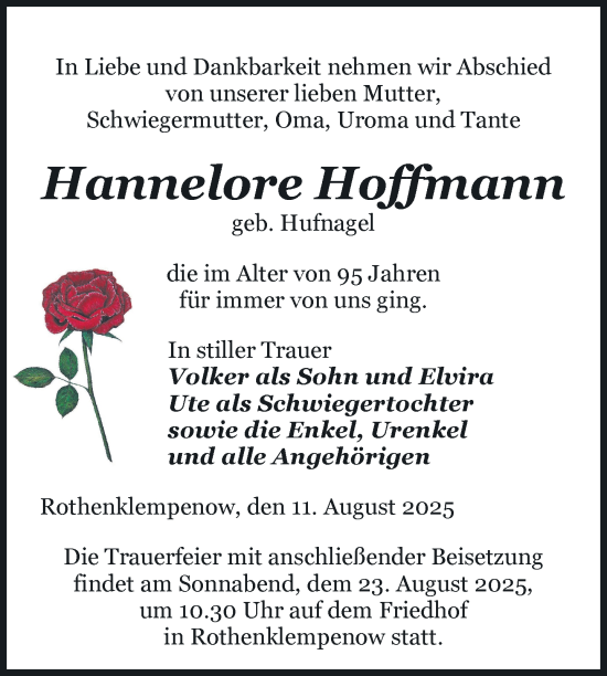 Traueranzeige von Hannelore Hoffmann von Nordkurier Pasewalker Zeitung