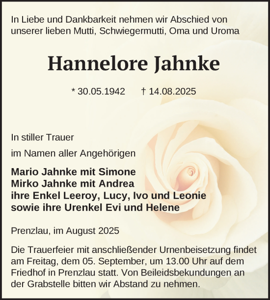 Traueranzeige von Hannelore Jahnke von Uckermark Kurier Prenzlauer Zeitung