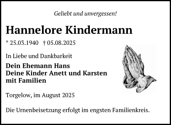 Traueranzeige von Hannelore Kindermann von Nordkurier Haff-Zeitung