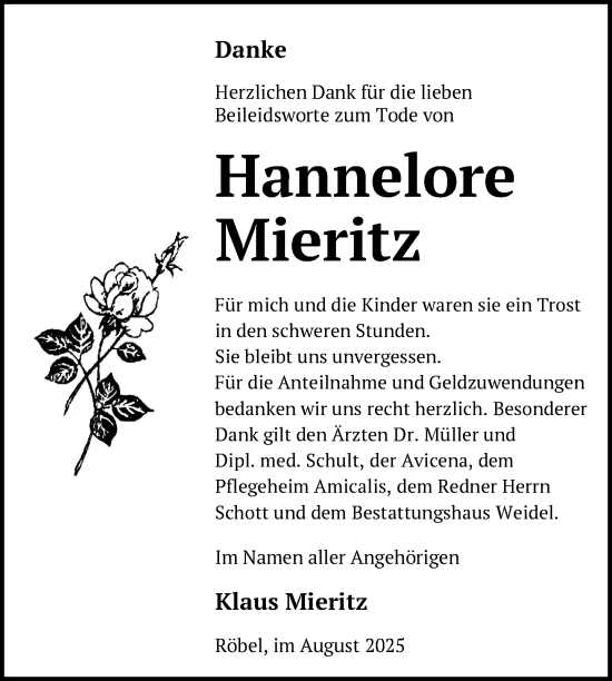 Traueranzeige von Hannelore Mieritz von Nordkurier Müritz-Zeitung