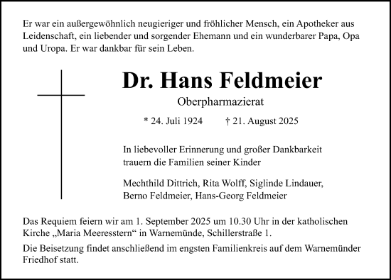 Traueranzeige von Hans Feldmeier von Norddeutsche Neueste Nachrichten