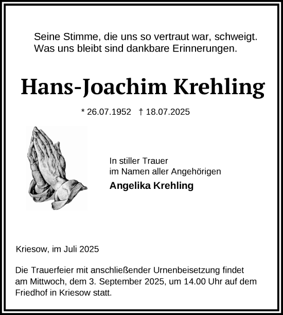 Traueranzeige von Hans-Joachim Krehling von Nordkurier Neubrandenburger Zeitung