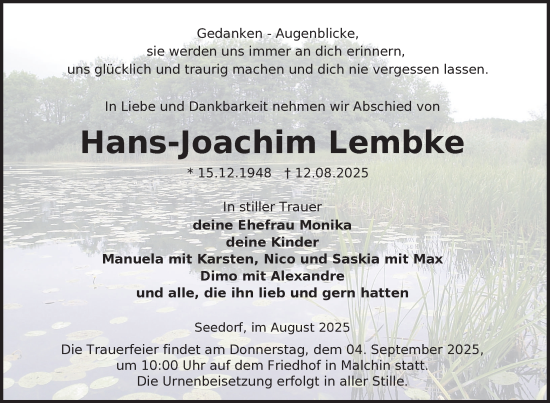 Traueranzeige von Hans-Joachim Lembke von Nordkurier Mecklenburger Schweiz