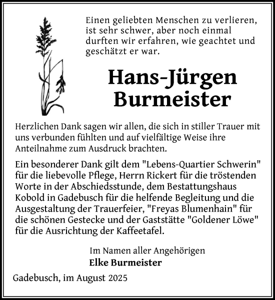 Traueranzeige von Hans-Jürgen Burmeister von Gadebusch - Rehnaer Zeitung
