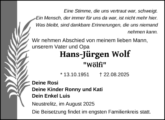 Traueranzeige von Hans-Jürgen Wolf von Nordkurier Strelitzer Zeitung