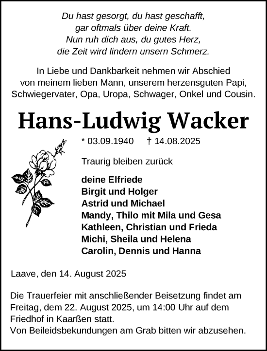 Traueranzeige von Hans-Ludwig Wacker von Hagenower Kreisblatt