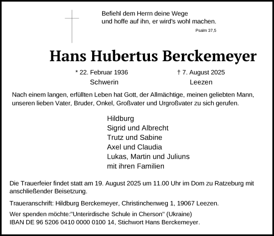 Traueranzeige von Hans Hubertus Berckemeyer von Zeitung für die Landeshauptstadt