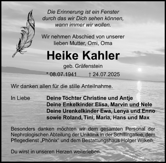 Traueranzeige von Heike Kahler von Norddeutsche Neueste Nachrichten