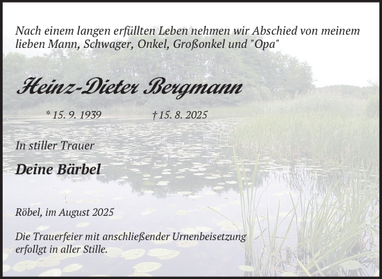 Traueranzeige von Heinz-Dieter Bergmann von Nordkurier Müritz-Zeitung
