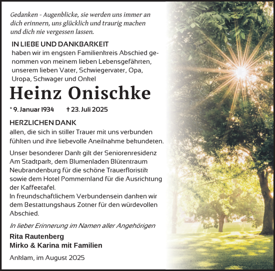 Traueranzeige von Heinz Onischke von Nordkurier Vorpommern Kurier