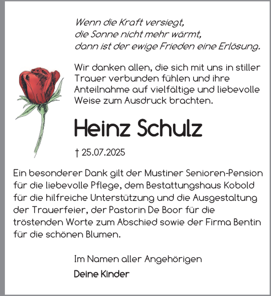 Traueranzeige von Heinz Schulz von Gadebusch - Rehnaer Zeitung