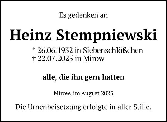 Traueranzeige von Heinz Stempniewski von Nordkurier Strelitzer Zeitung