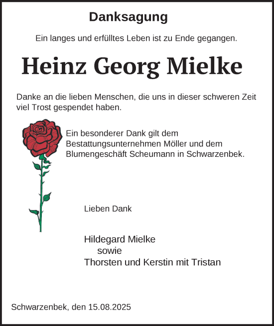 Traueranzeige von Heinz Georg Mielke von Hagenower Kreisblatt