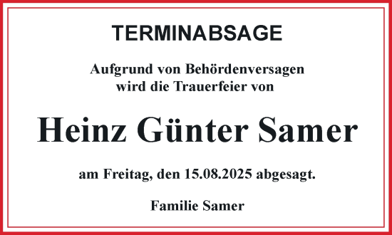 Traueranzeige von Heinz Günter Samer von Hagenower Kreisblatt