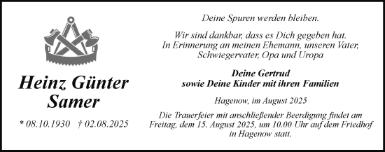 Traueranzeige von Heinz Günter Samer von Hagenower Kreisblatt