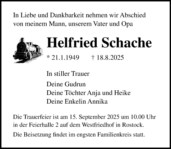 Traueranzeige von Helfried Schache von Norddeutsche Neueste Nachrichten