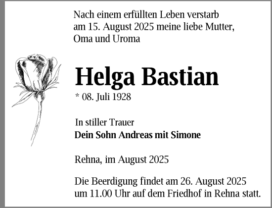 Traueranzeige von Helga Bastian von Gadebusch - Rehnaer Zeitung