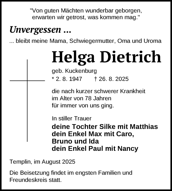 Traueranzeige von Helga Dietrich von Uckermark Kurier Templiner Zeitung