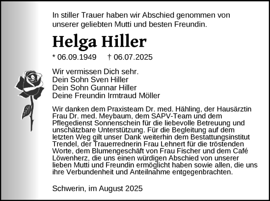 Traueranzeige von Helga Hiller von Zeitung für die Landeshauptstadt