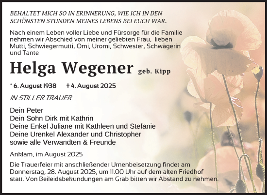 Traueranzeige von Helga Wegener von Nordkurier Vorpommern Kurier