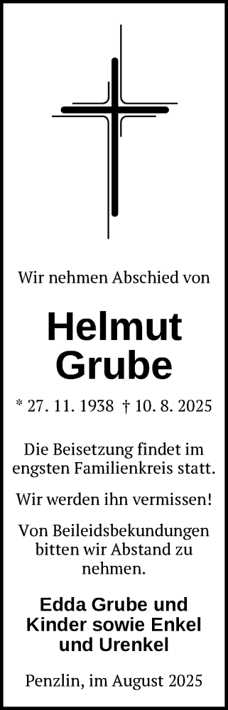 Traueranzeige von Helmut Grube von Nordkurier Müritz-Zeitung